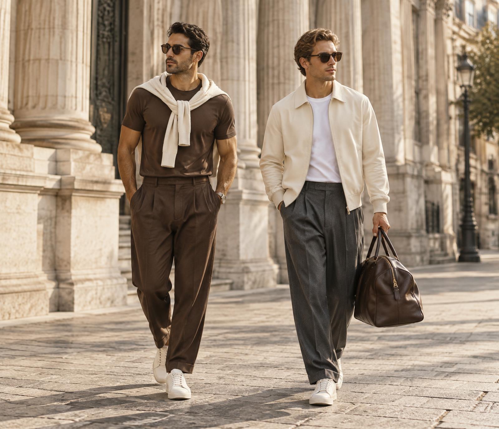 Dos hombres caminan por una calle de piedra con looks urbanos en crema, chocolate y gris